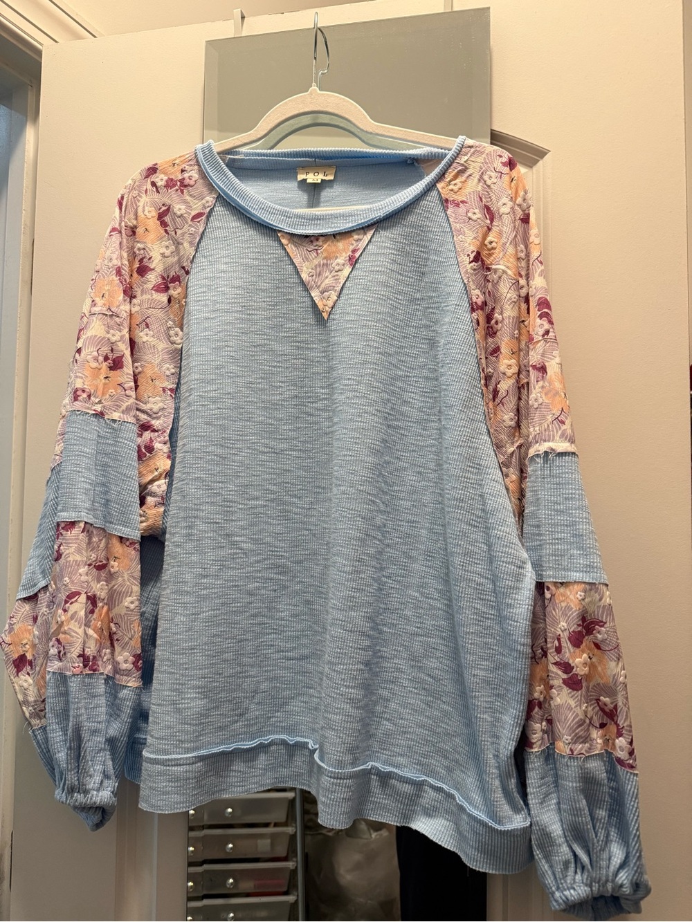 POL Light Blue Waffle Knit Top with Floral Raglan Sleeves